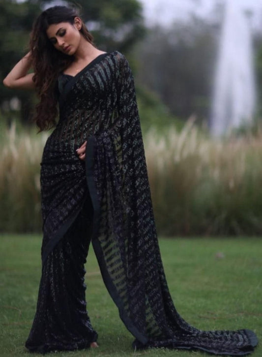 Black net sequence work bollywood saree