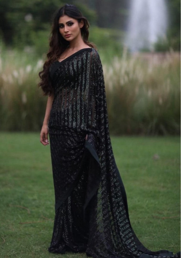Black net sequence work bollywood saree