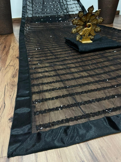 Black net sequence work bollywood saree