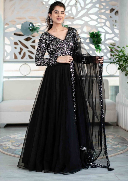 Black net sequence work partywear lehenga