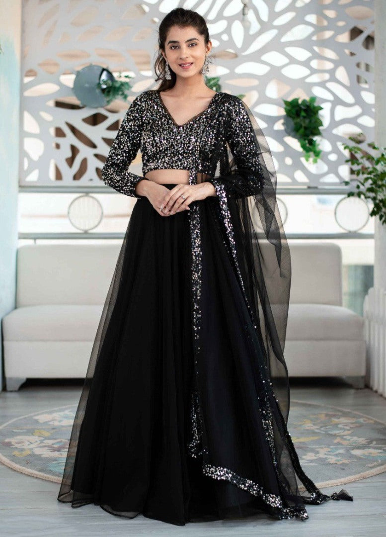 Black net sequence work partywear lehenga