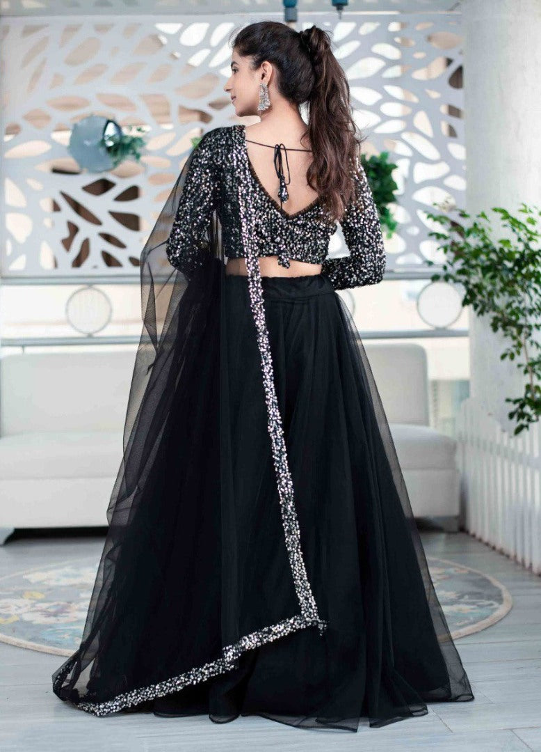 Black net sequence work partywear lehenga