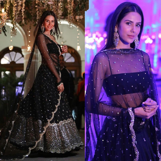 Black net silver sequence work wedding lehenga choli