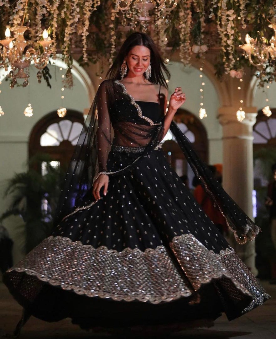 Black net silver sequence work wedding lehenga choli