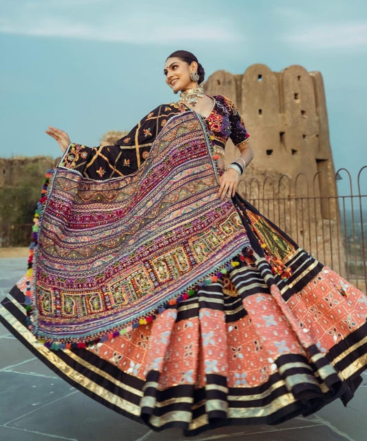 Black orange printed and mirror work gujarati garba navratri lehenga chaniya choli