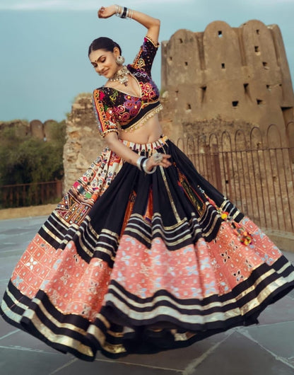 Black orange printed and mirror work gujarati garba navratri lehenga chaniya choli