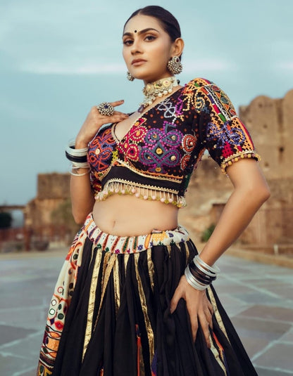 Black orange printed and mirror work gujarati garba navratri lehenga chaniya choli