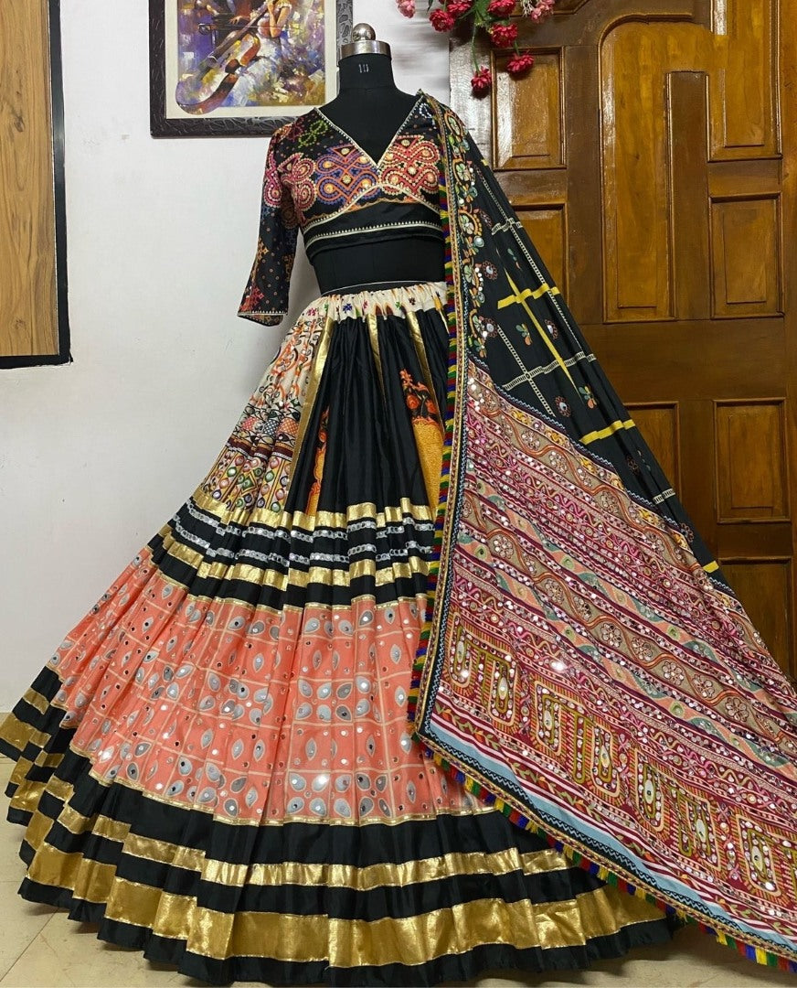 Black orange printed and mirror work gujarati garba navratri lehenga chaniya choli