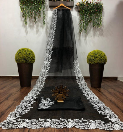 Black organza chainstitch work saree