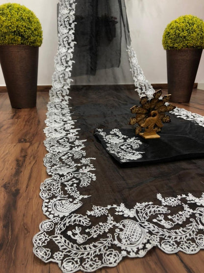 Black organza chainstitch work saree