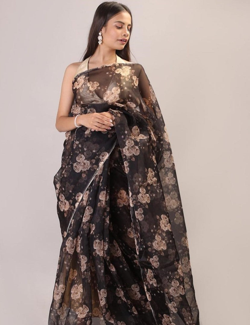 Black organza digital flower printed saree