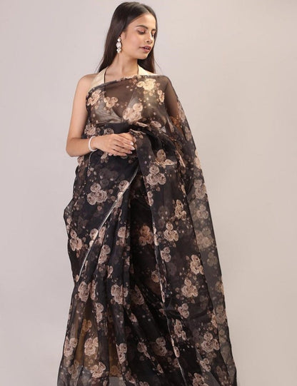 Black organza digital flower printed saree