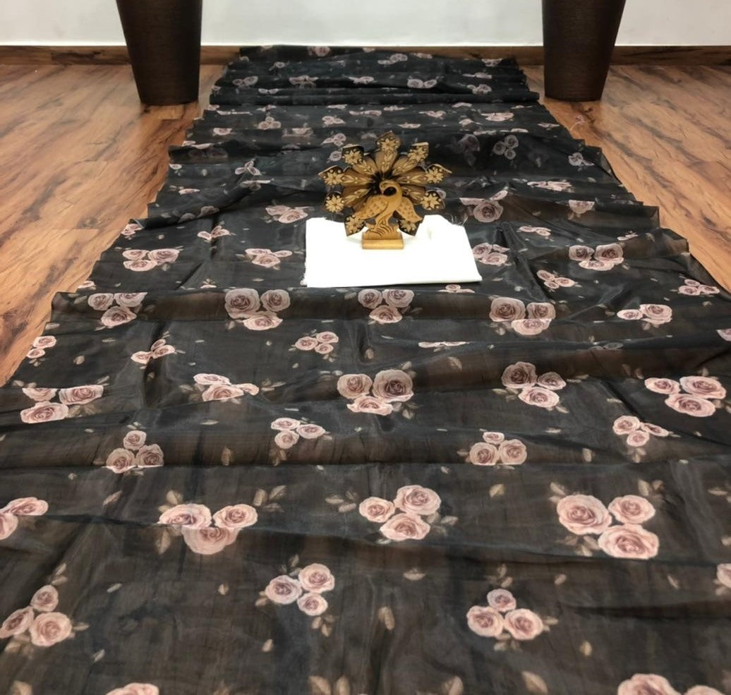 Black organza digital flower printed saree