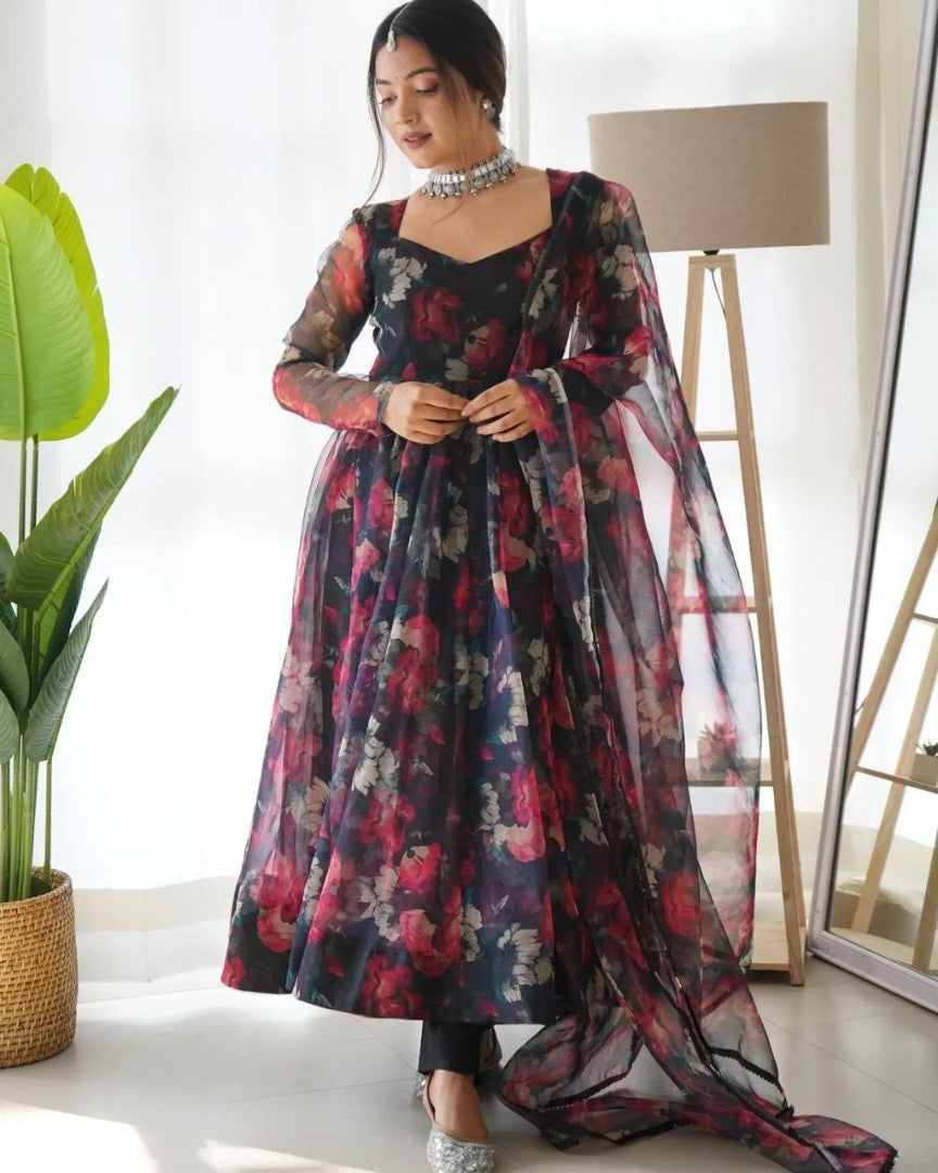 Black organza floral printed anarkali suit