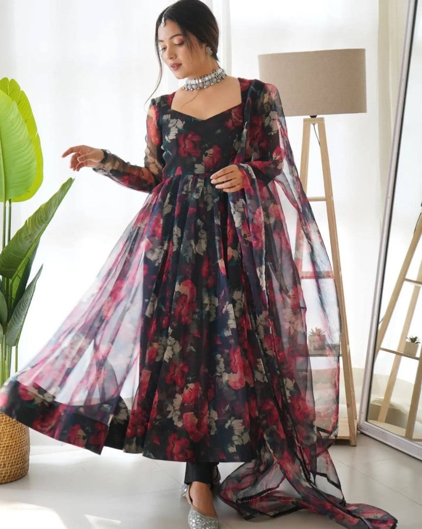 Black organza floral printed anarkali suit