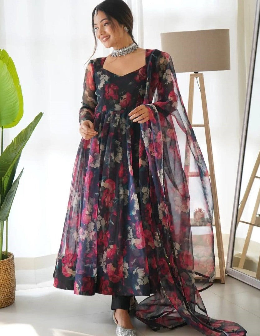 Black organza floral printed anarkali suit