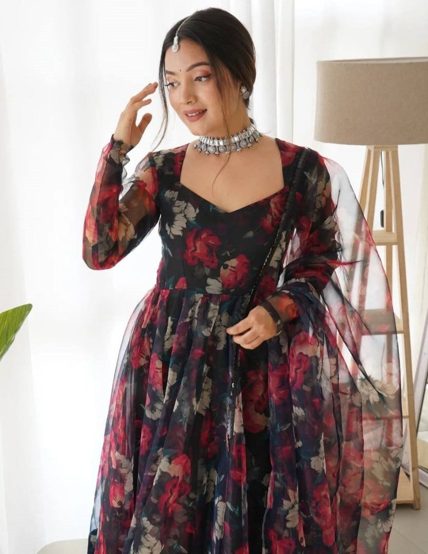 Black organza floral printed anarkali suit