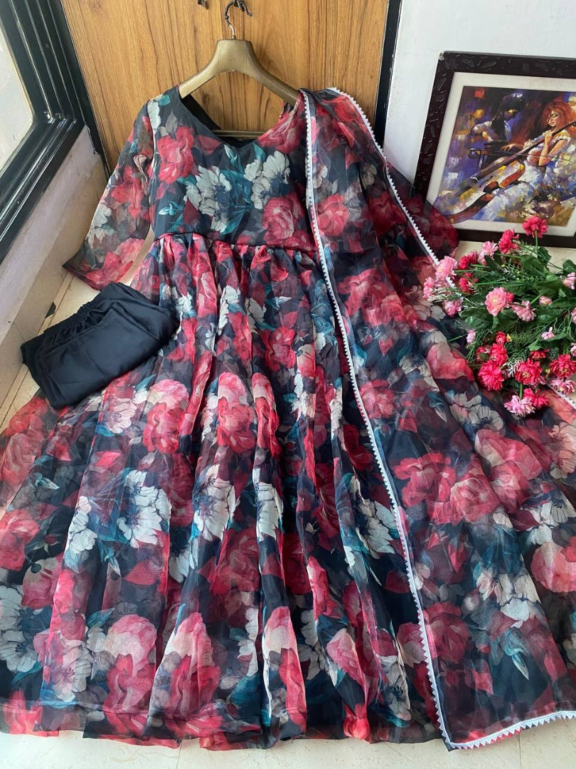 Black organza floral printed anarkali suit