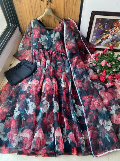 Black organza floral printed anarkali suit
