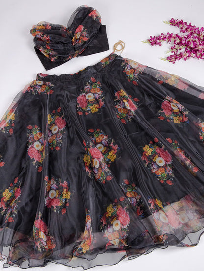 Black organza floral printed crop top lehenga
