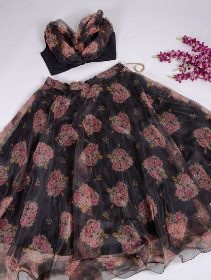 Black organza floral printed crop top lehenga