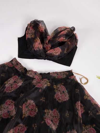 Black organza floral printed crop top lehenga