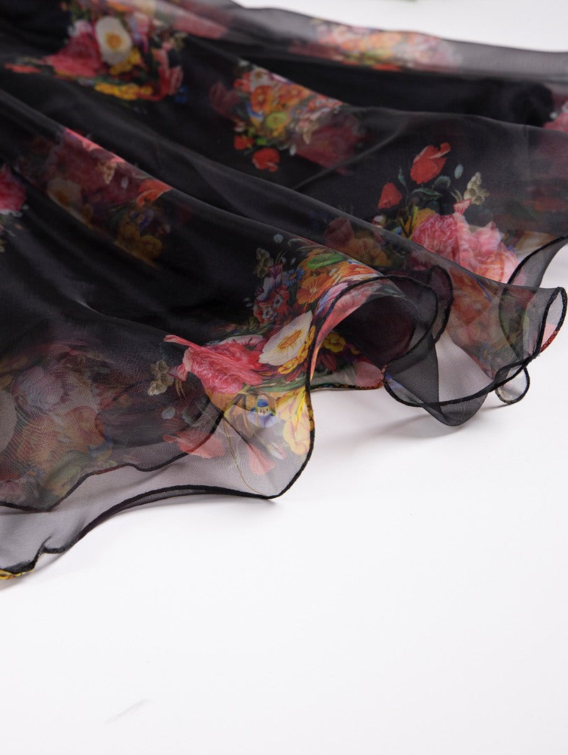 Black organza floral printed crop top lehenga