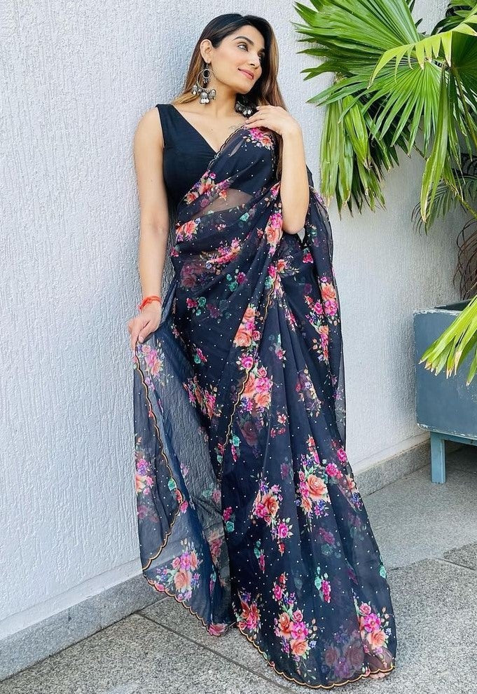 Black organza flower printed handworked saree