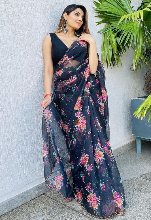 Black organza flower printed handworked saree