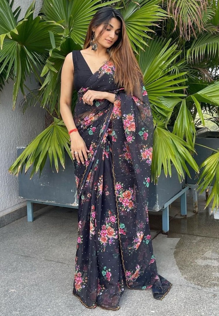 Black organza flower printed handworked saree