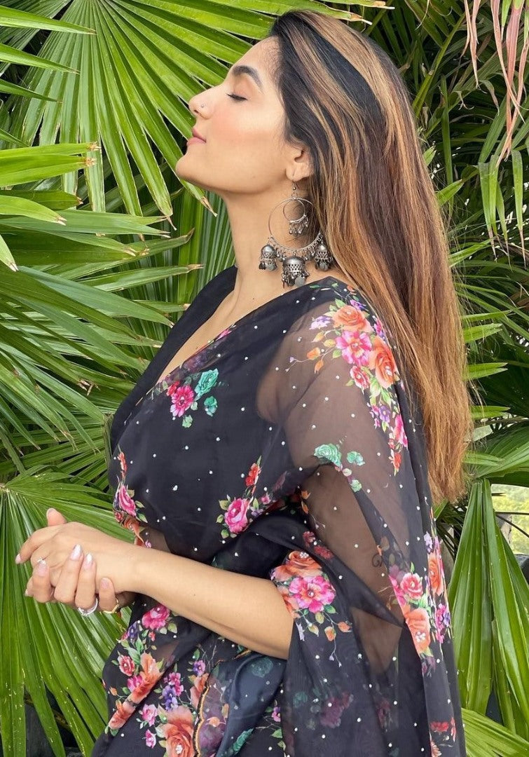 Black organza flower printed handworked saree