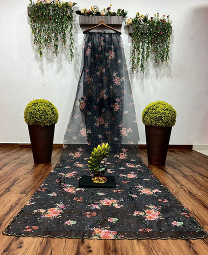 Black organza flower printed handworked saree