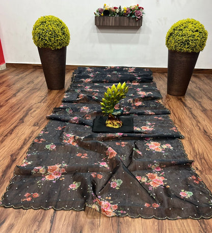 Black organza flower printed handworked saree