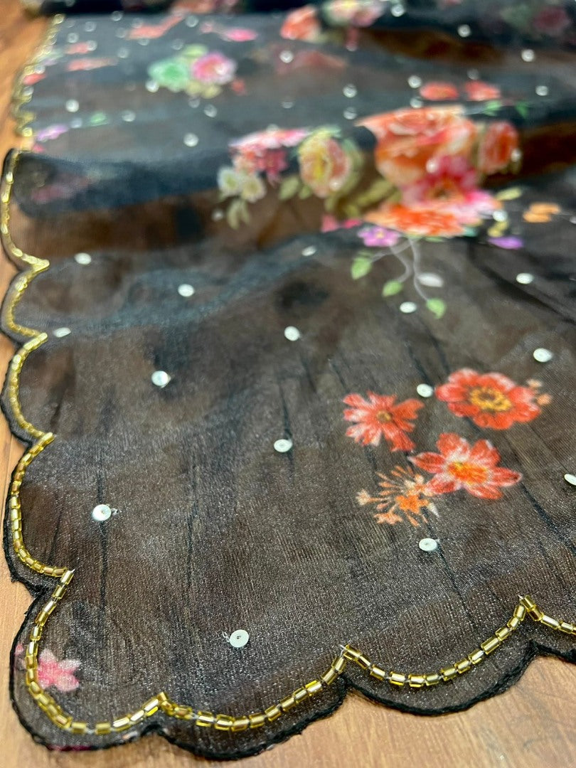 Black organza flower printed handworked saree