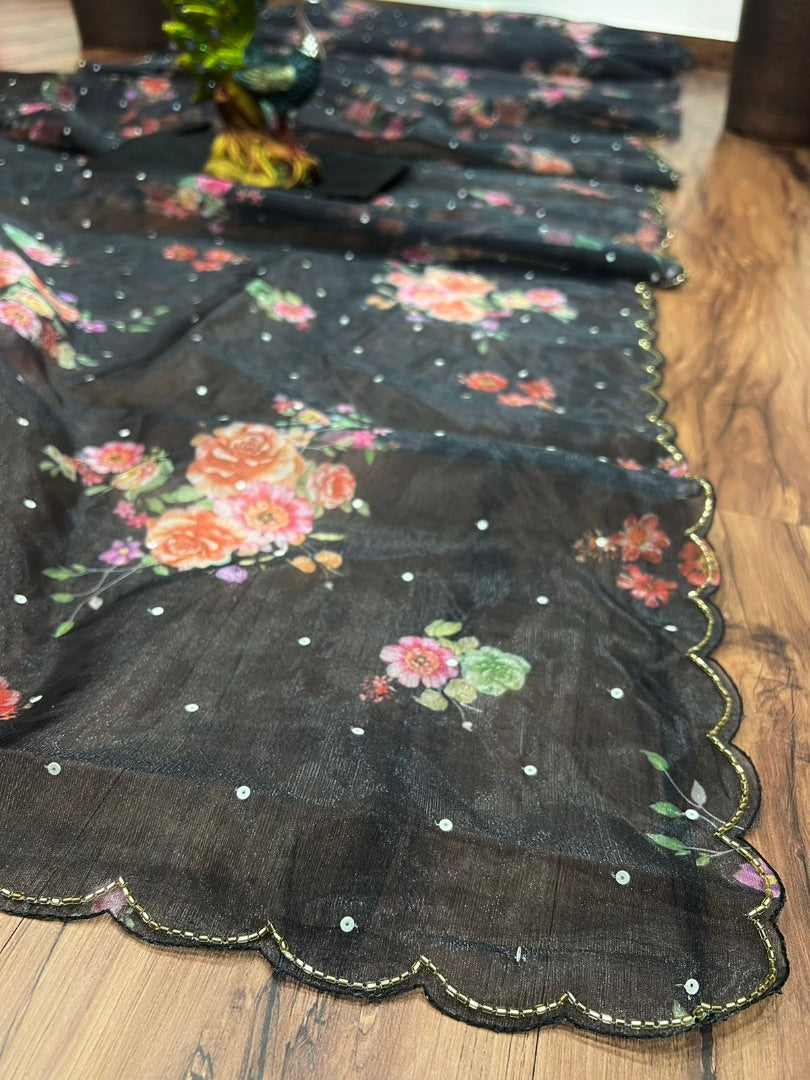 Black organza flower printed handworked saree