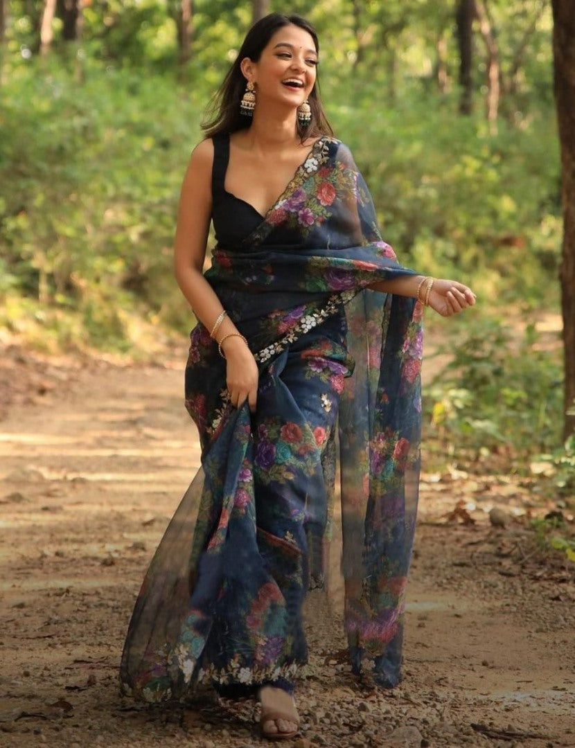 Black organza handworked and digital printed ceremonial saree