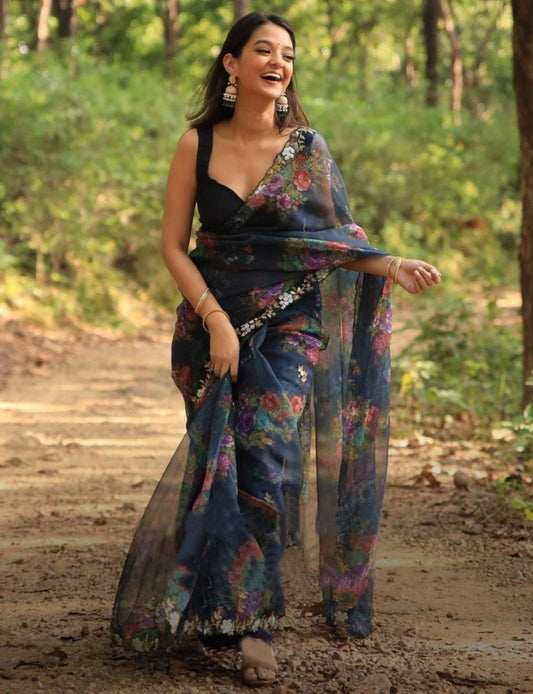Black organza handworked and digital printed ceremonial saree