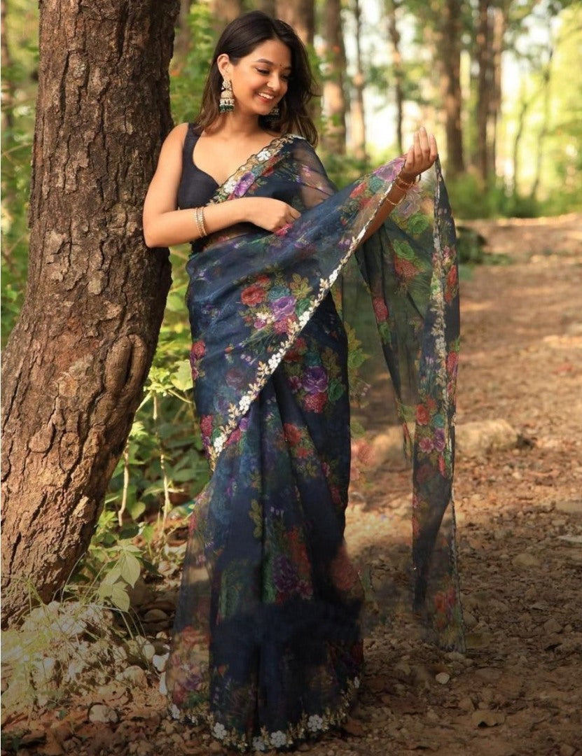 Black organza handworked and digital printed ceremonial saree