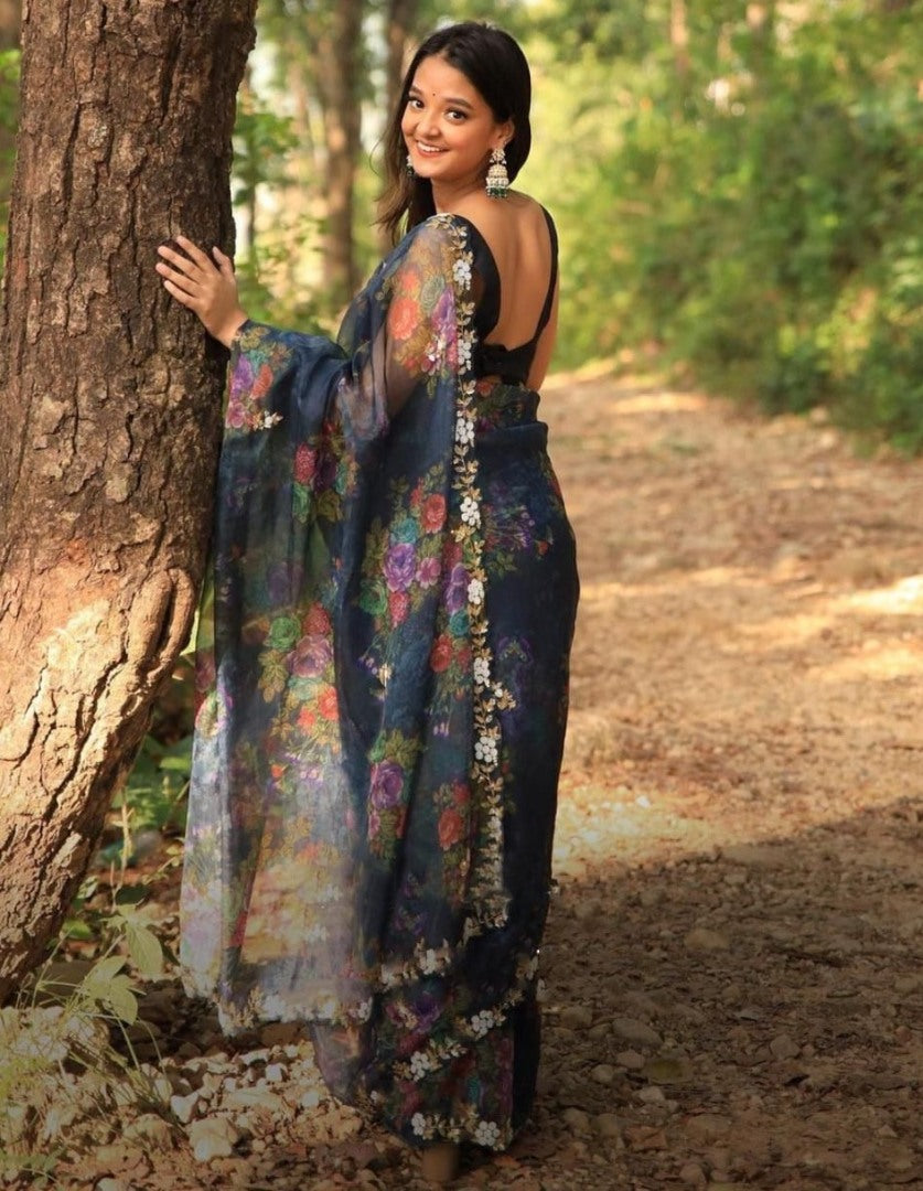 Black organza handworked and digital printed ceremonial saree