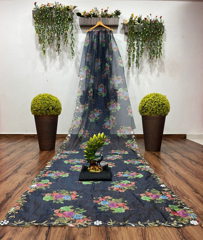 Black organza handworked and digital printed ceremonial saree