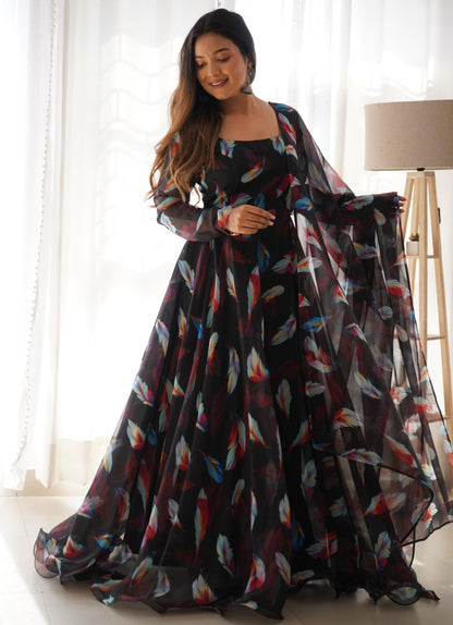 Black organza printed long party wear gown