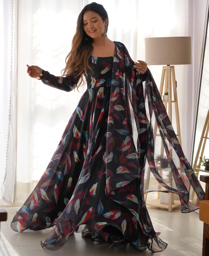Black organza printed long party wear gown