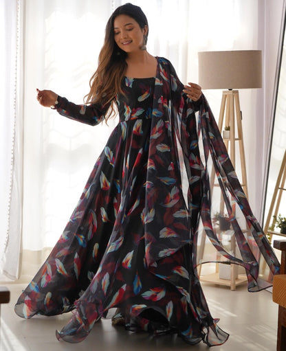 Black organza printed long party wear gown