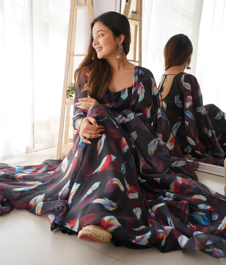 Black organza printed long party wear gown