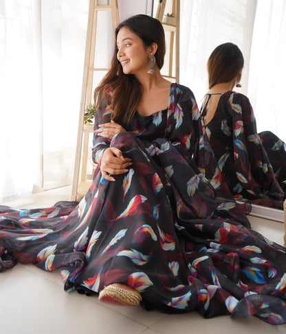 Black organza printed long party wear gown