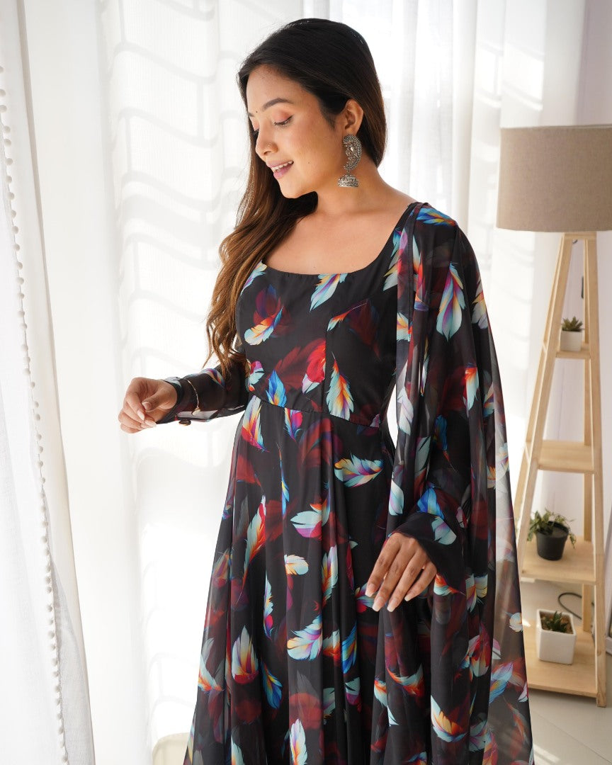 Black organza printed long party wear gown