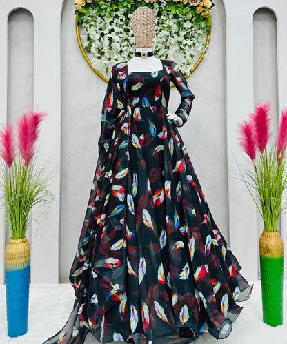Black organza printed long party wear gown
