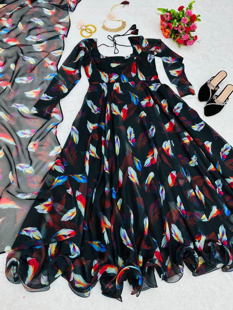 Black organza printed long party wear gown