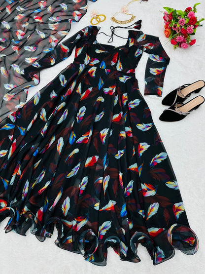 Black organza printed long party wear gown