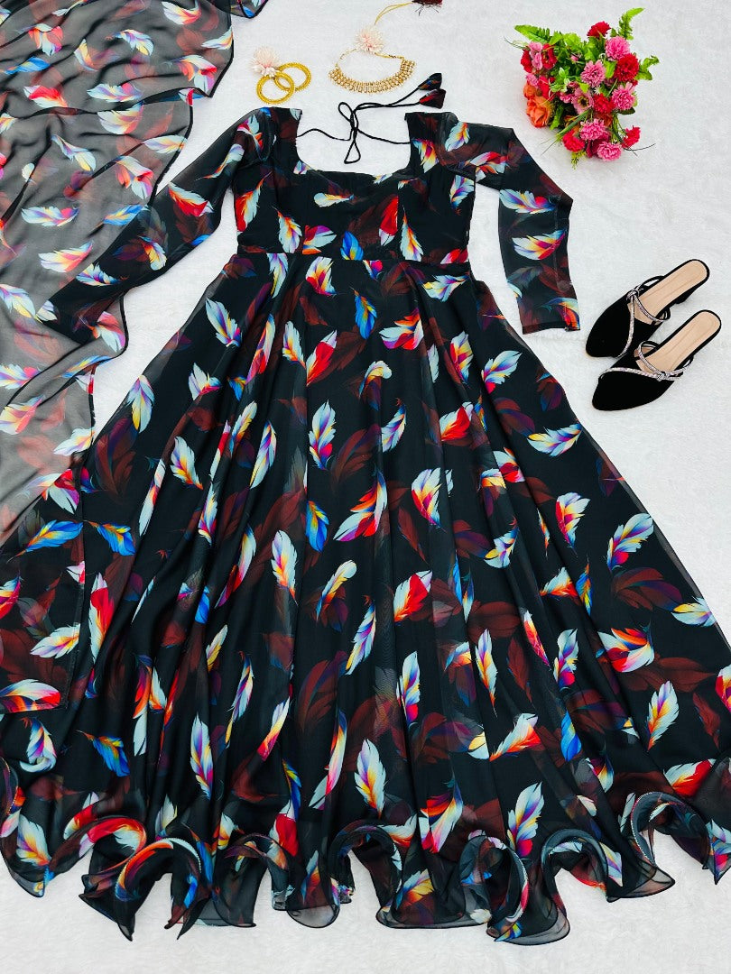 Black organza printed long party wear gown